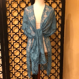 BLUE  LACE TRANSPARENT KIMONO W/ POM POM TRIM ALL‎ AROUND CARDIGAN COVERUP